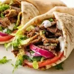Beef shawarma wrap filled with seasoned sliced beef, fresh vegetables, and creamy garlic sauce wrapped in warm flatbread.