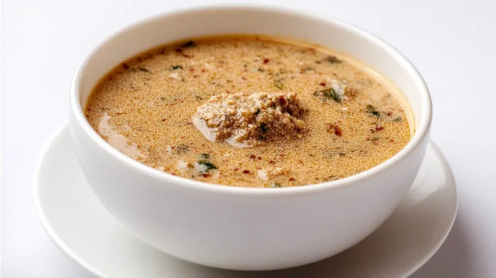Beniseed soup served in a bowl, made with ground sesame seeds, tender meat, and a rich savory broth.