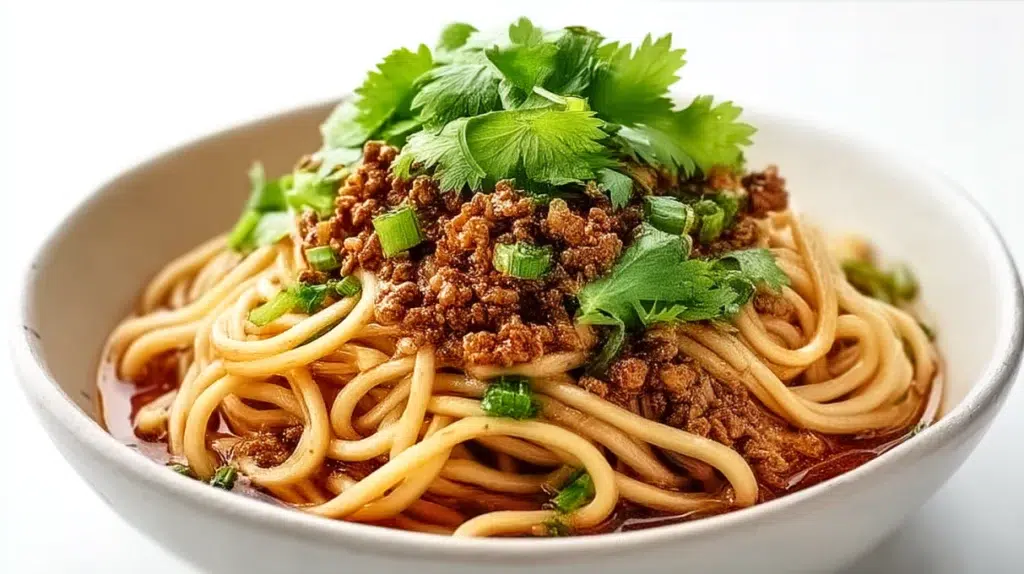 Chinese Dan Dan noodles served with spicy seasoned meat, chewy noodles, chili oil, and fresh green onions.