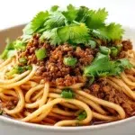 Chinese Dan Dan noodles served with spicy seasoned meat, chewy noodles, chili oil, and fresh green onions.