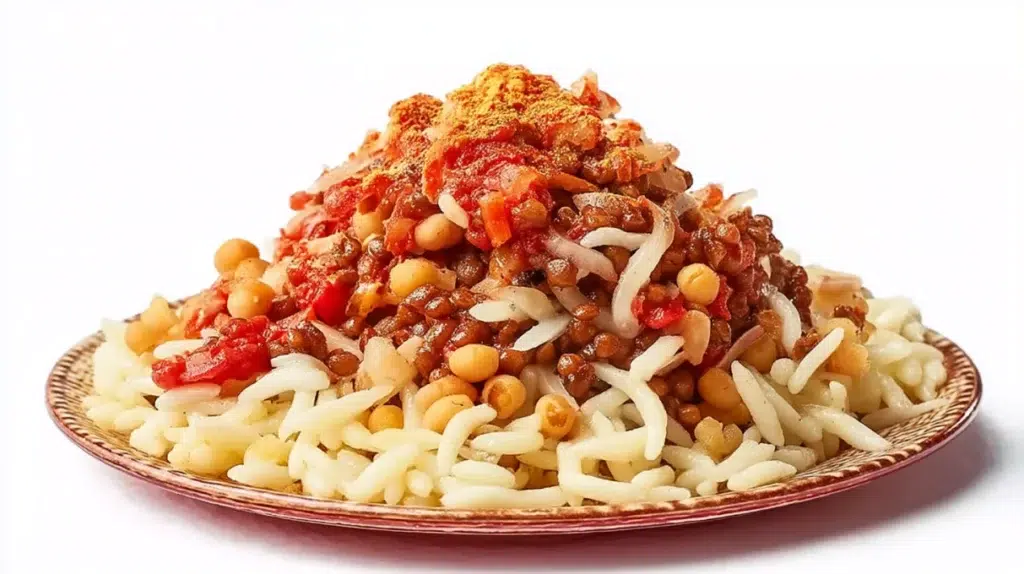 Egyptian koshari served in a bowl with rice, lentils, pasta, crispy onions, and a flavorful tomato sauce.