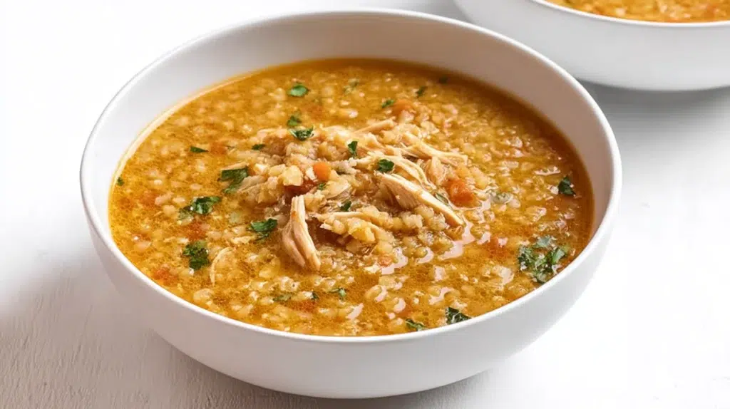 Warm freekeh soup served in a bowl, made with cracked green wheat, vegetables, and aromatic herbs.