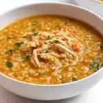 Warm freekeh soup served in a bowl, made with cracked green wheat, vegetables, and aromatic herbs.
