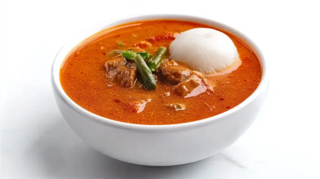 Ghanaian groundnut soup served in a bowl with a rich peanut-based broth, tender meat, and aromatic spices.