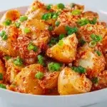 Gochujang potato salad made with tender potatoes, a creamy spicy dressing, and garnished with fresh herbs and sesame seeds.