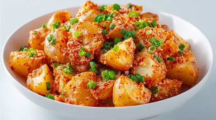 Gochujang potato salad made with tender potatoes, a creamy spicy dressing, and garnished with fresh herbs and sesame seeds.