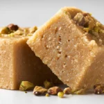 Traditional halva sliced into squares, featuring a rich sesame-based texture and topped with pistachios.