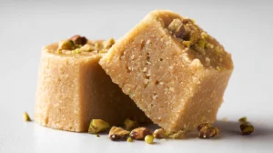 Traditional halva sliced into squares, featuring a rich sesame-based texture and topped with pistachios.