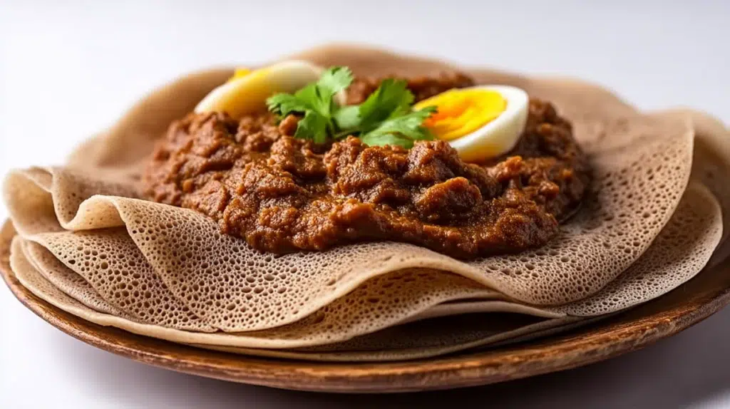 Injera served with Doro Wat, featuring soft Ethiopian flatbread and spicy chicken stew with boiled eggs.