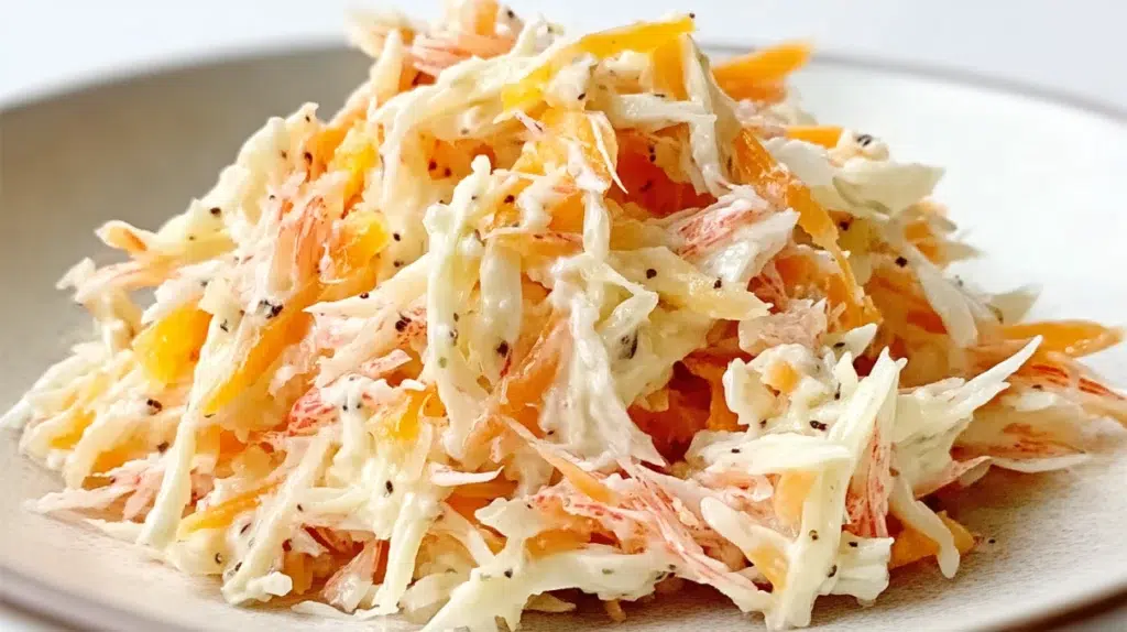 Japanese kani salad made with shredded crab sticks, crisp cucumber, and a creamy sesame dressing, garnished with sesame seeds.