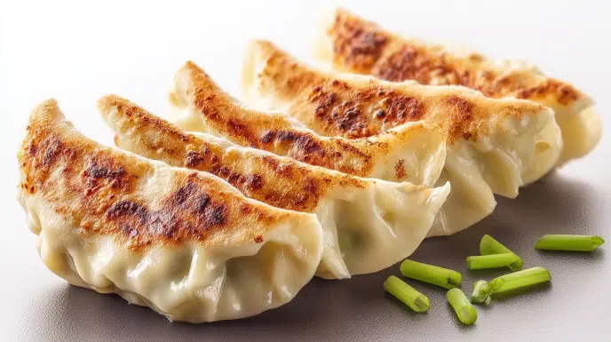 Japanese gyoza dumplings pan-fried until golden and crispy, served with a savory dipping sauce.