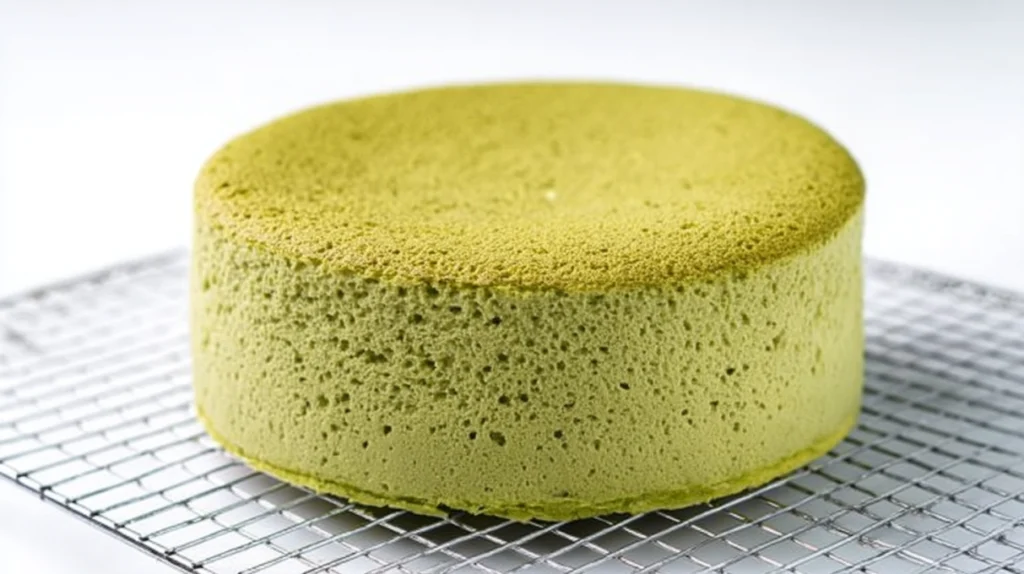 Japanese matcha souffle cheesecake with a light, airy texture, dusted with matcha powder and sliced for serving.