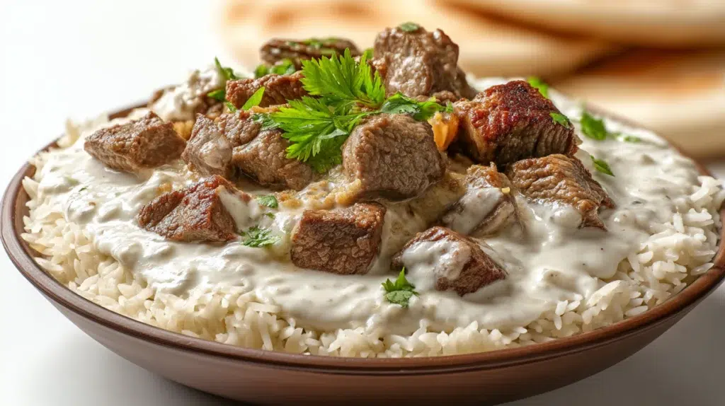 Jordanian mansaf served with tender lamb, aromatic rice, and creamy yogurt sauce, garnished with nuts and fresh herbs.
