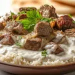 Jordanian mansaf served with tender lamb, aromatic rice, and creamy yogurt sauce, garnished with nuts and fresh herbs.