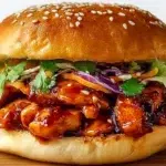 Korean BBQ chicken sandwich filled with juicy glazed chicken, crisp vegetables, and creamy sauce on a toasted bun.