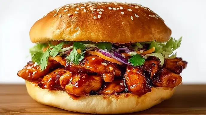 Korean BBQ chicken sandwich filled with juicy glazed chicken, crisp vegetables, and creamy sauce on a toasted bun.