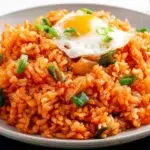 Korean kimchi fried rice stir-fried with kimchi, rice, vegetables, and topped with a fried egg.