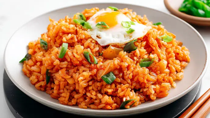 Korean kimchi fried rice stir-fried with kimchi, rice, vegetables, and topped with a fried egg.