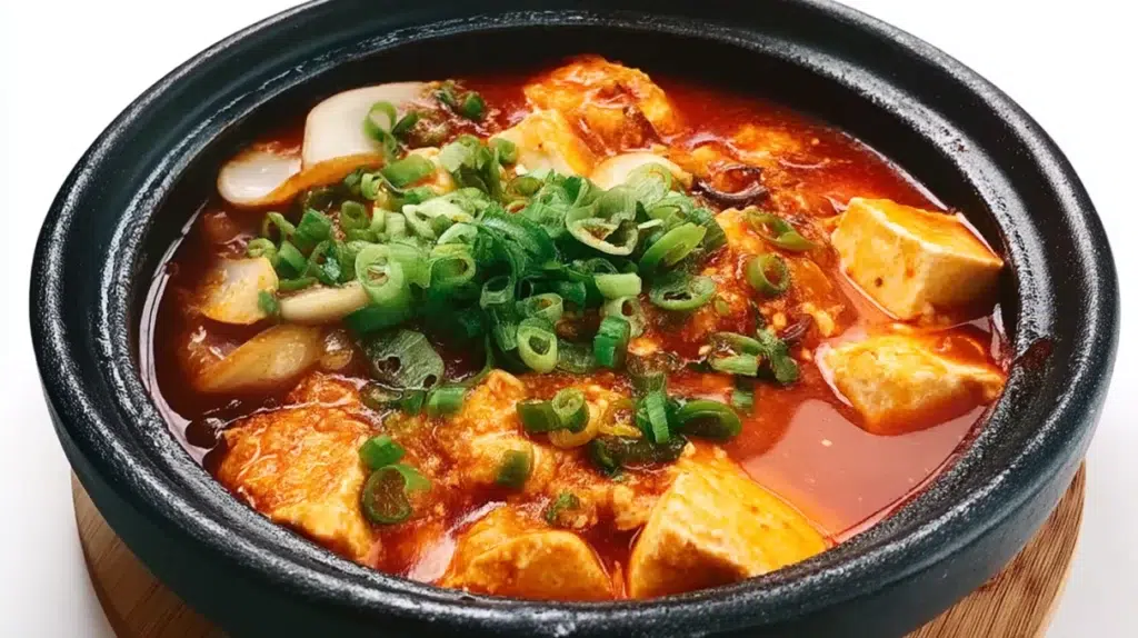 Korean soft tofu stew served bubbling hot with silky tofu, vegetables, and a spicy flavorful broth.