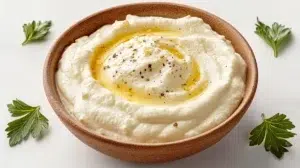 Creamy Lebanese garlic sauce served in a bowl, garnished with a drizzle of olive oil and fresh garlic.