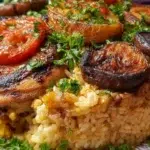Maqluba upside down rice layered with spiced rice, tender meat, and vegetables, beautifully inverted onto a serving platter.