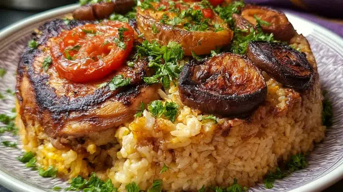Maqluba upside down rice layered with spiced rice, tender meat, and vegetables, beautifully inverted onto a serving platter.