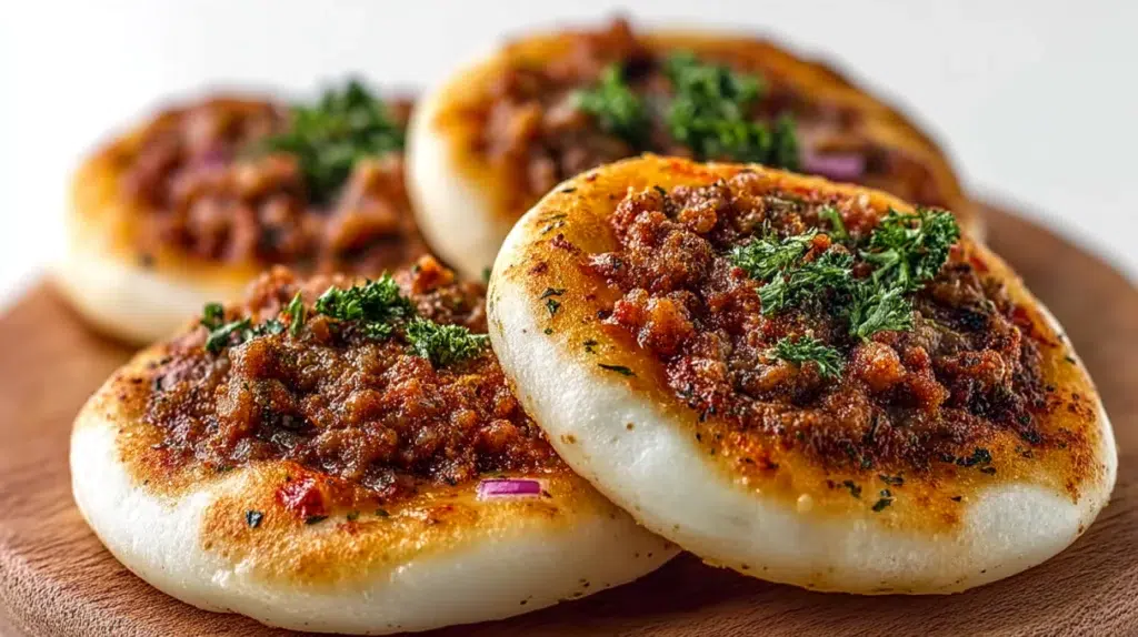 Mini lahmacun bites topped with seasoned minced meat, herbs, and spices, baked until golden and crispy.