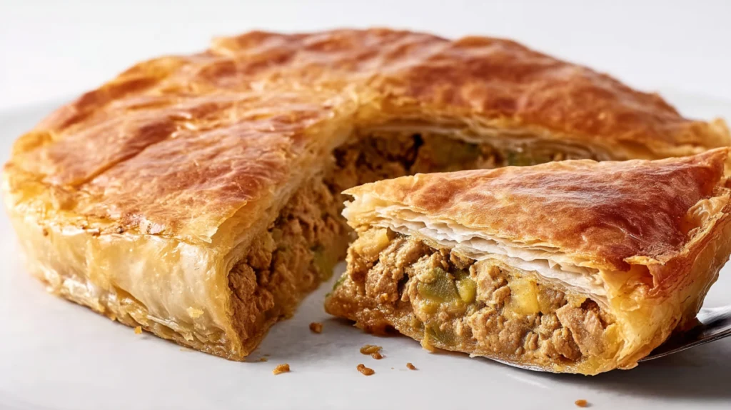 Moroccan bastilla baked until golden and flaky, filled with spiced chicken, almonds, and dusted with powdered sugar and cinnamon.