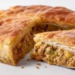 Moroccan bastilla baked until golden and flaky, filled with spiced chicken, almonds, and dusted with powdered sugar and cinnamon.