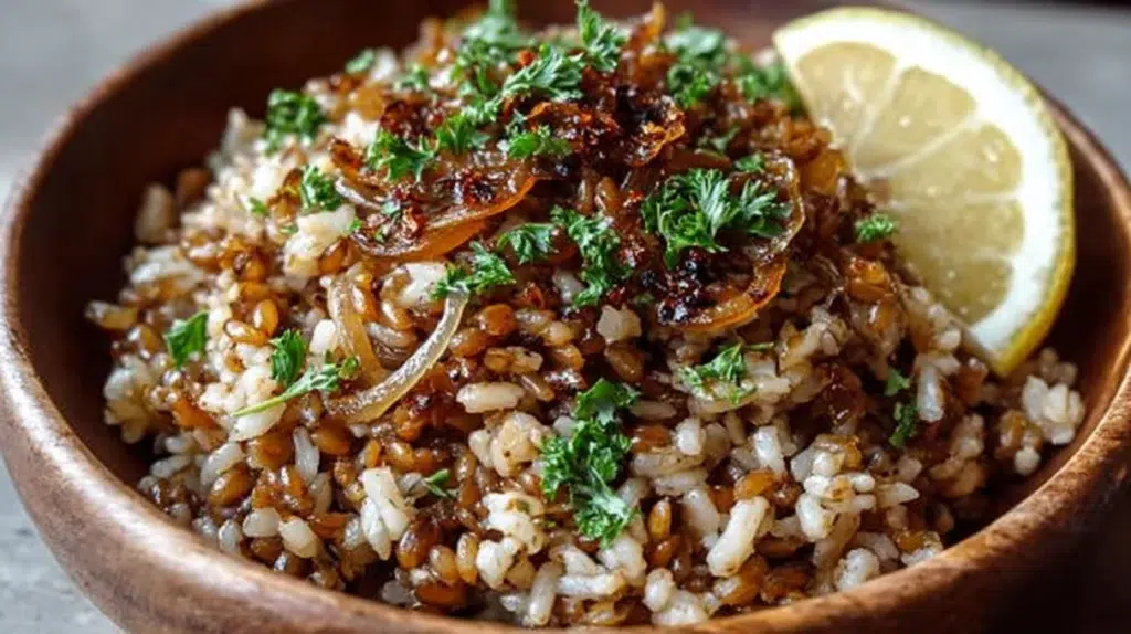 Mujadara made with lentils, rice, and crispy caramelized onions, served in a bowl and garnished with fresh herbs.