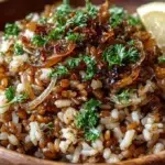 Mujadara made with lentils, rice, and crispy caramelized onions, served in a bowl and garnished with fresh herbs.