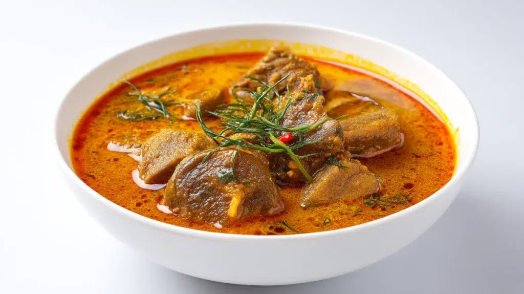 Traditional Banga soup made with palm fruit extract, tender meat, and fish, served in a rich flavorful broth.