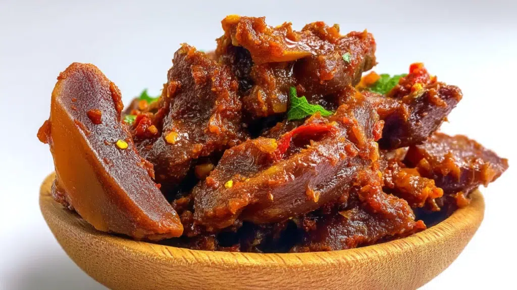 Nkwobi spicy cow foot served with tender cow foot pieces coated in a rich spicy palm oil sauce and garnished with onions.