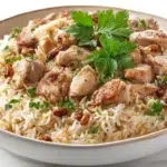 One-pot Lebanese chicken rice cooked with tender chicken, fragrant spices, and fluffy rice, garnished with herbs and nuts.