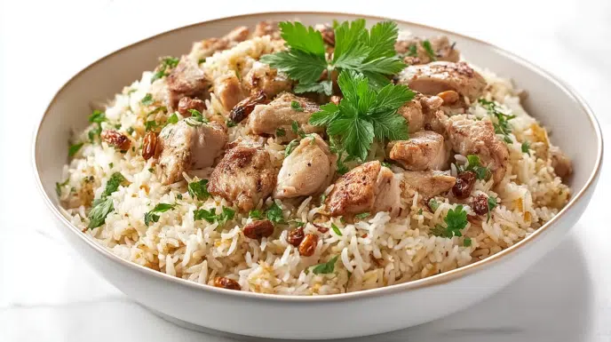 One-pot Lebanese chicken rice cooked with tender chicken, fragrant spices, and fluffy rice, garnished with herbs and nuts.