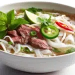 Pho Bo served in a steaming bowl with tender beef slices, rice noodles, fresh herbs, and rich aromatic broth.