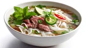 Pho Bo served in a steaming bowl with tender beef slices, rice noodles, fresh herbs, and rich aromatic broth.