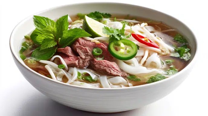 Pho Bo served in a steaming bowl with tender beef slices, rice noodles, fresh herbs, and rich aromatic broth.