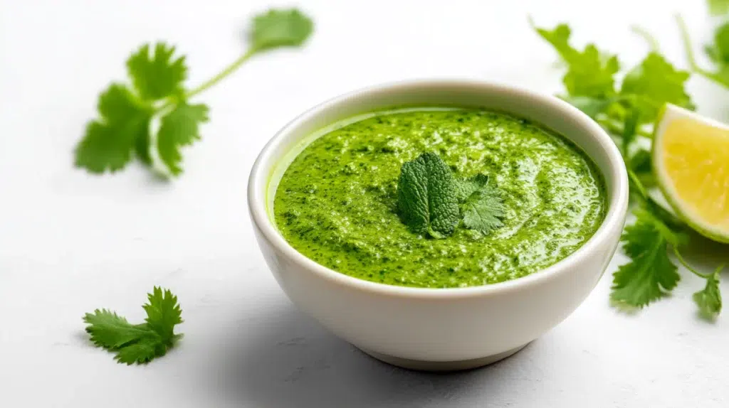 Pudina chutney served in a bowl, made with fresh mint leaves, herbs, and spices for a vibrant green color.