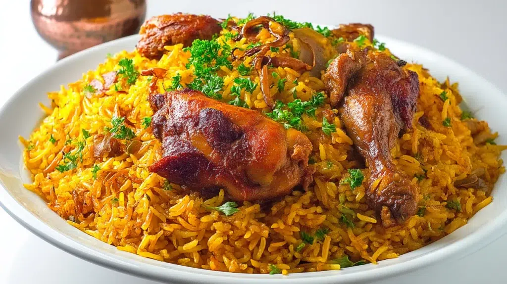 Saudi Kabsa served with fragrant spiced rice, tender chicken, toasted nuts, and raisins on a large serving platter.