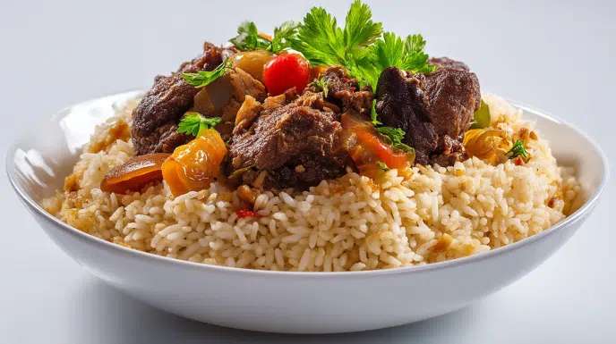 Senegalese Thiebou Yapp served with tender lamb, seasoned rice, and vegetables on a traditional platter.