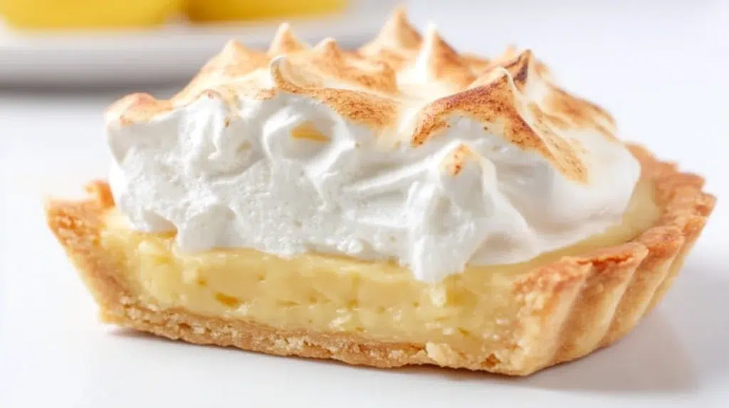 South African lemon meringue tart topped with fluffy golden meringue and filled with a smooth tangy lemon filling.