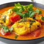Tanzanian coconut fish curry served with tender fish simmered in a rich coconut curry sauce and garnished with fresh herbs.