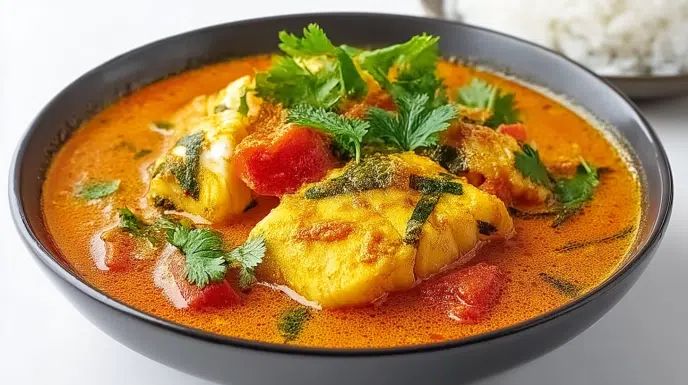 Tanzanian coconut fish curry served with tender fish simmered in a rich coconut curry sauce and garnished with fresh herbs.