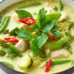 Thai green curry served in a bowl with tender vegetables, protein, and a creamy coconut curry sauce.