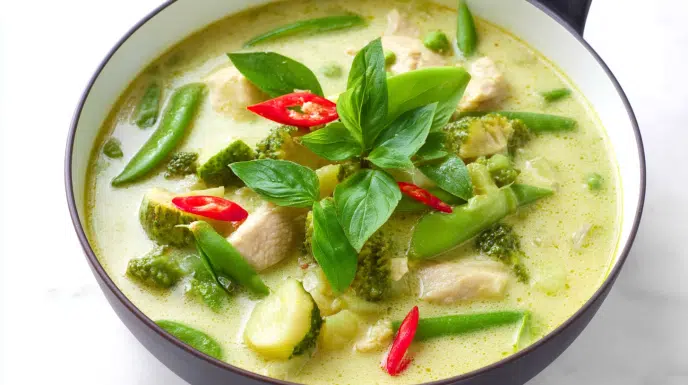 Thai green curry served in a bowl with tender vegetables, protein, and a creamy coconut curry sauce.