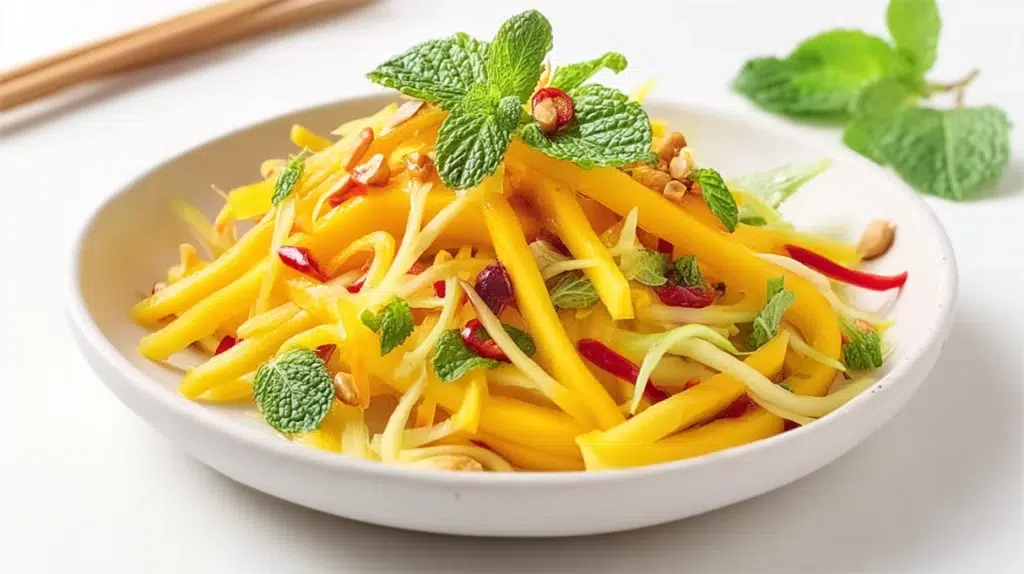 Thai mango salad made with fresh mango, colorful vegetables, herbs, and a tangy dressing, served in a bowl.