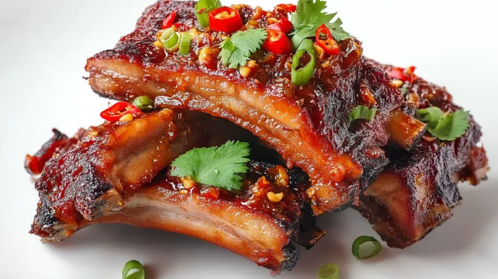 Thai ribs with red curry marinade glazed and roasted until tender, garnished with fresh herbs and lime wedges.