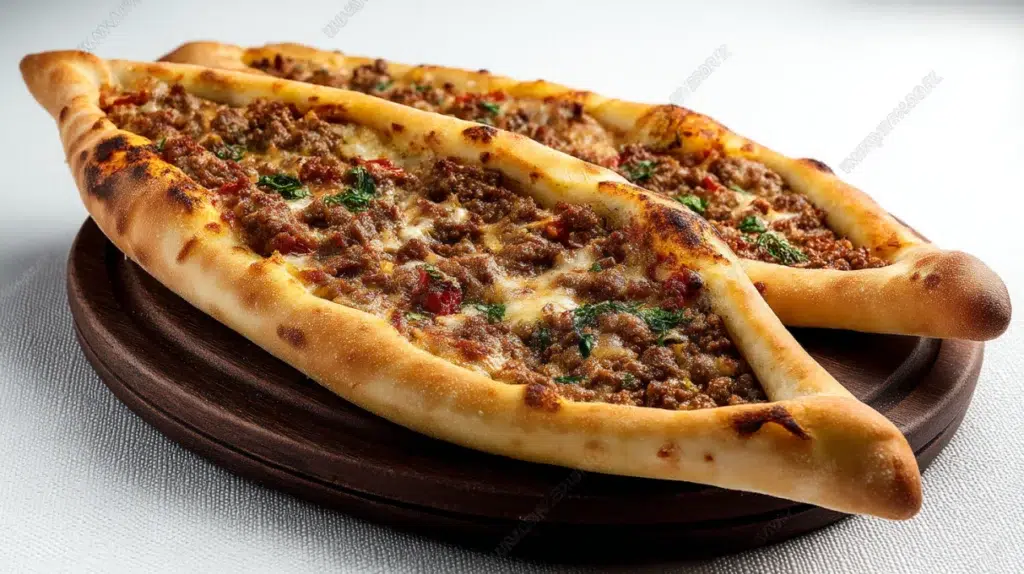 Turkish pide flatbread topped with seasoned minced lamb, vegetables, and herbs, baked until golden and crisp.