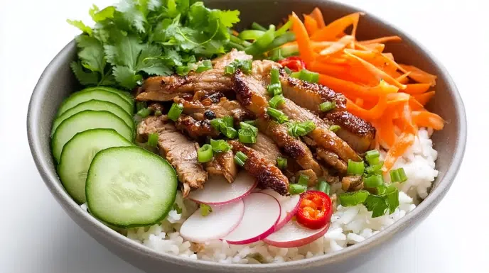 Vietnamese Banh Mi bowl served with seasoned meat, rice, pickled vegetables, cucumber, fresh herbs, and a flavorful sauce.